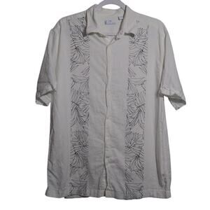 Cafe Luna Linen Blend Leaf Print Button Up Panel Short Sleeve Shirt Size M